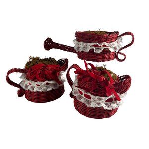 Vtg Interpur Lot 3 Red Wicker Baskets Shaped Watering Can Teapot Eyelet Lace